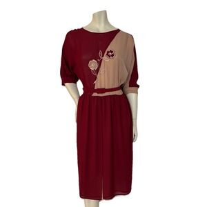 Vintage 80s Chiffon Midi Dress Batwing Floral Applique Cottagecore Teatime Styl